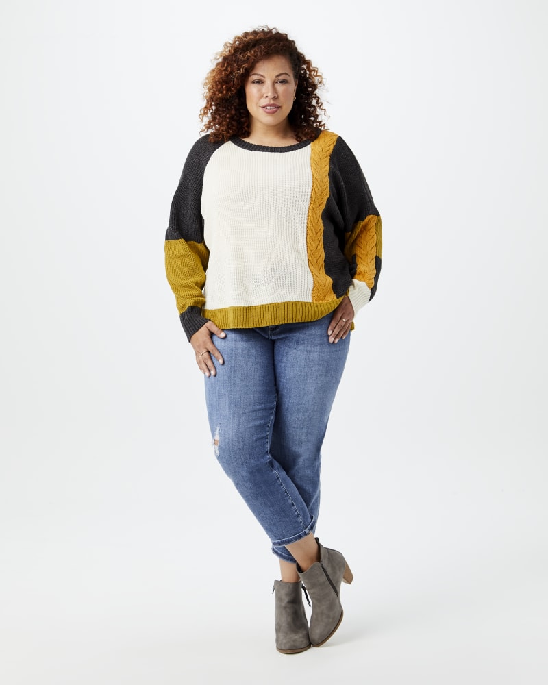 Plus size model with rectangle body shape wearing Florence Patchwork Sweater by Meri Skye | Dia&Co | dia_product_style_image_id:145098